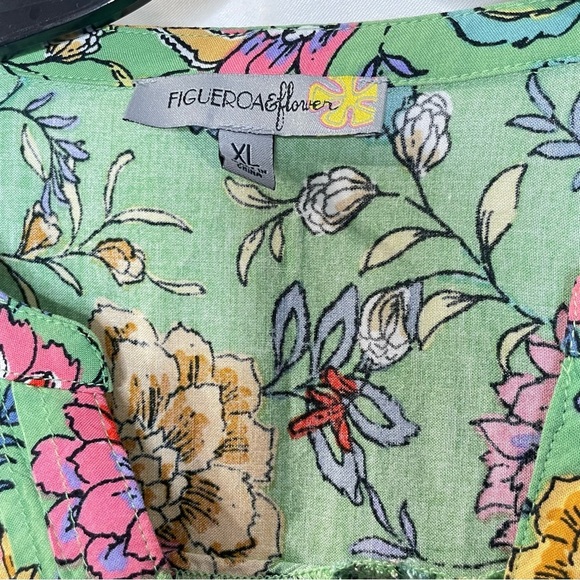 FIGUEROA & Flower Floral bohemian pleated blouse size XL. Green with pink white - Picture 6 of 11